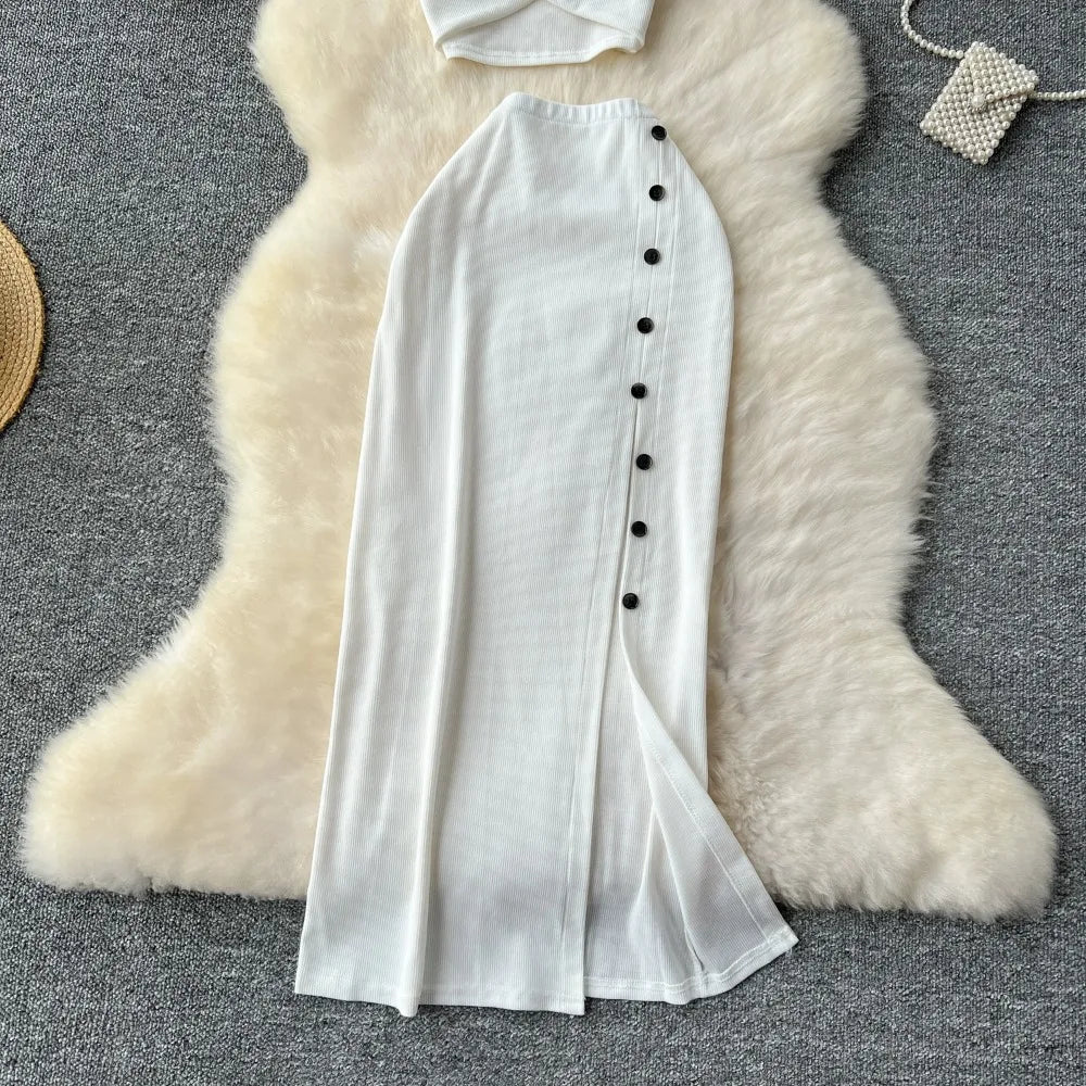 Elegant 2 Pieces Set for Women Solid V Neck Sleeveless Crop Top Camis Top With High Elastic Waist Split Long Skirt With Buttons - American Thistle Elegant 2 Pieces Set for Women Solid V Neck Sleeveless Crop Top Camis Top With High Elastic Waist Split Long Skirt With Buttons