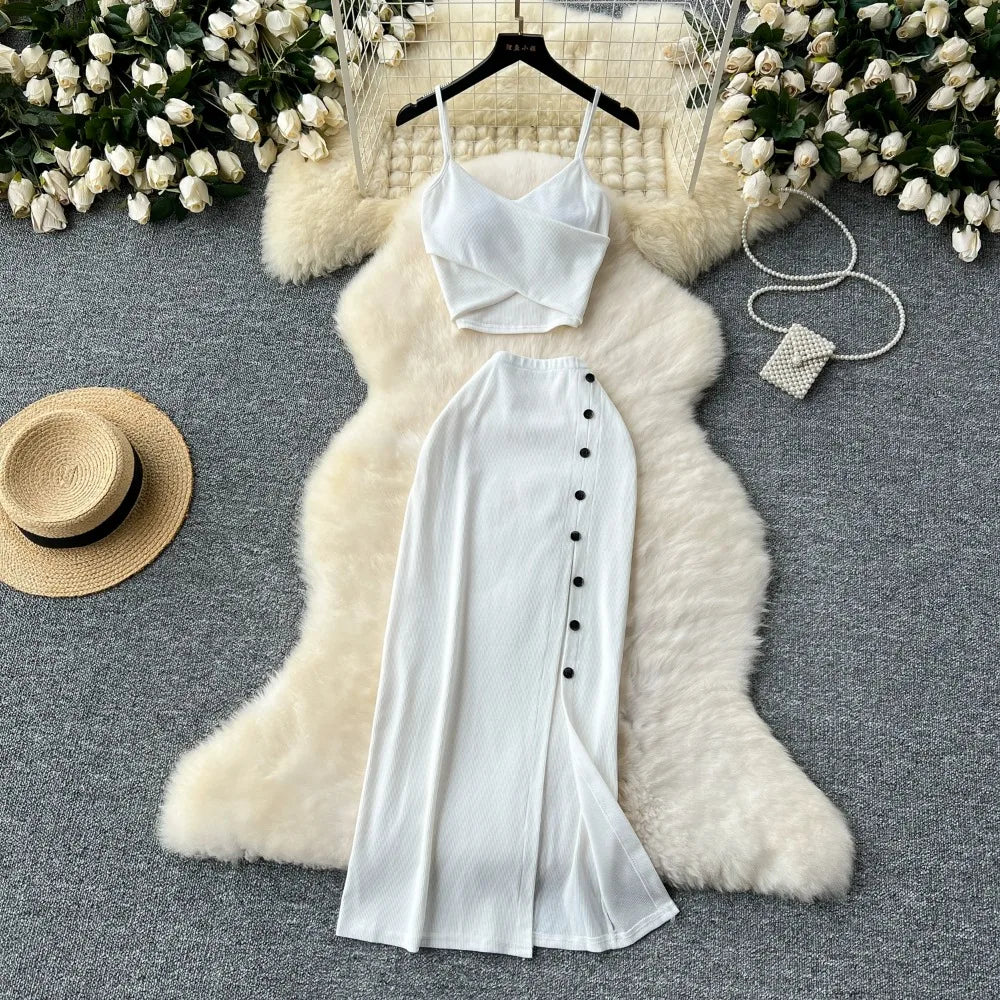 Elegant 2 Pieces Set for Women Solid V Neck Sleeveless Crop Top Camis Top With High Elastic Waist Split Long Skirt With Buttons - American Thistle Elegant 2 Pieces Set for Women Solid V Neck Sleeveless Crop Top Camis Top With High Elastic Waist Split Long Skirt With Buttons