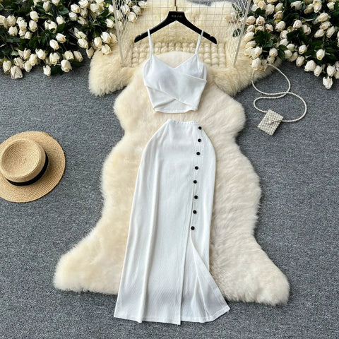 Elegant 2 Pieces Set for Women Solid V Neck Sleeveless Crop Top Camis Top With High Elastic Waist Split Long Skirt With Buttons - American Thistle Elegant 2 Pieces Set for Women Solid V Neck Sleeveless Crop Top Camis Top With High Elastic Waist Split Long Skirt With Buttons