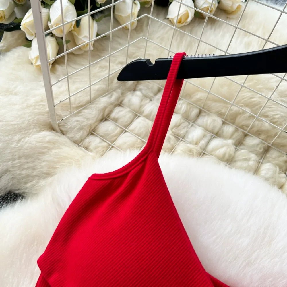 Elegant 2 Pieces Set for Women Solid V Neck Sleeveless Crop Top Camis Top With High Elastic Waist Split Long Skirt With Buttons - American Thistle Elegant 2 Pieces Set for Women Solid V Neck Sleeveless Crop Top Camis Top With High Elastic Waist Split Long Skirt With Buttons