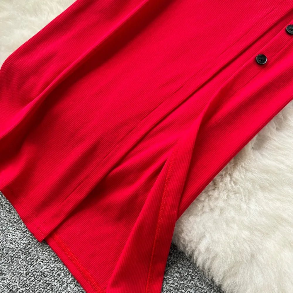 Elegant 2 Pieces Set for Women Solid V Neck Sleeveless Crop Top Camis Top With High Elastic Waist Split Long Skirt With Buttons - American Thistle Elegant 2 Pieces Set for Women Solid V Neck Sleeveless Crop Top Camis Top With High Elastic Waist Split Long Skirt With Buttons