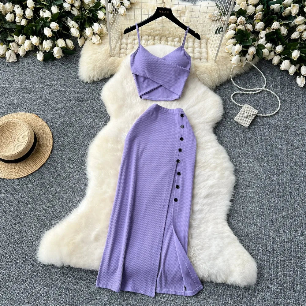 Elegant 2 Pieces Set for Women Solid V Neck Sleeveless Crop Top Camis Top With High Elastic Waist Split Long Skirt With Buttons - American Thistle Elegant 2 Pieces Set for Women Solid V Neck Sleeveless Crop Top Camis Top With High Elastic Waist Split Long Skirt With Buttons