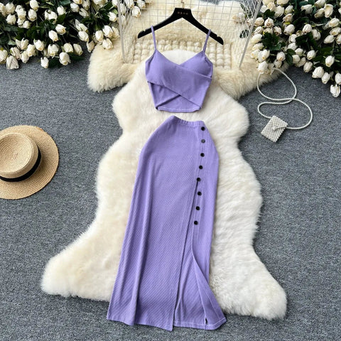 Elegant 2 Pieces Set for Women Solid V Neck Sleeveless Crop Top Camis Top With High Elastic Waist Split Long Skirt With Buttons - American Thistle Elegant 2 Pieces Set for Women Solid V Neck Sleeveless Crop Top Camis Top With High Elastic Waist Split Long Skirt With Buttons