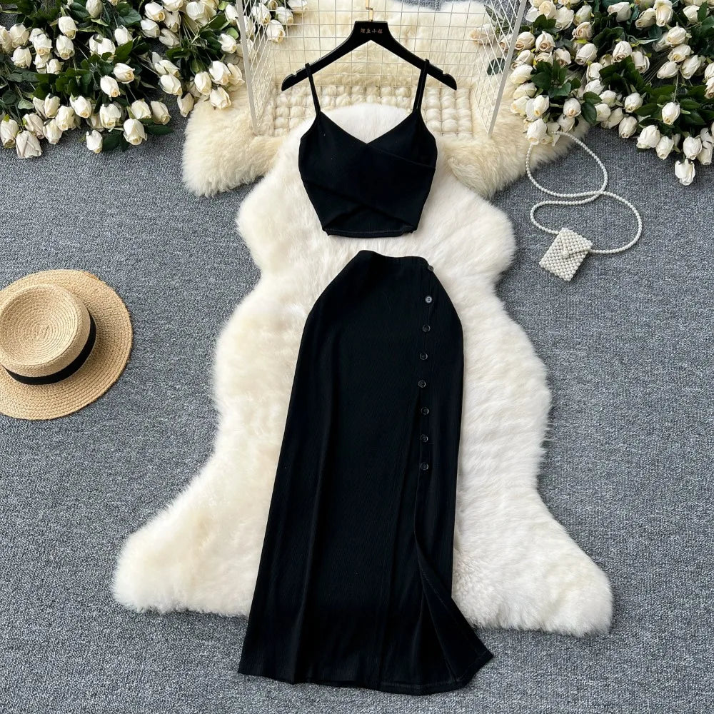 Elegant 2 Pieces Set for Women Solid V Neck Sleeveless Crop Top Camis Top With High Elastic Waist Split Long Skirt With Buttons - American Thistle Elegant 2 Pieces Set for Women Solid V Neck Sleeveless Crop Top Camis Top With High Elastic Waist Split Long Skirt With Buttons