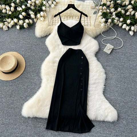 Elegant 2 Pieces Set for Women Solid V Neck Sleeveless Crop Top Camis Top With High Elastic Waist Split Long Skirt With Buttons - American Thistle Elegant 2 Pieces Set for Women Solid V Neck Sleeveless Crop Top Camis Top With High Elastic Waist Split Long Skirt With Buttons