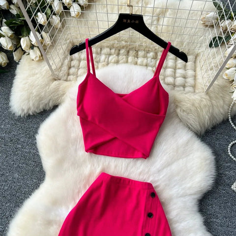 Elegant 2 Pieces Set for Women Solid V Neck Sleeveless Crop Top Camis Top With High Elastic Waist Split Long Skirt With Buttons - American Thistle Elegant 2 Pieces Set for Women Solid V Neck Sleeveless Crop Top Camis Top With High Elastic Waist Split Long Skirt With Buttons