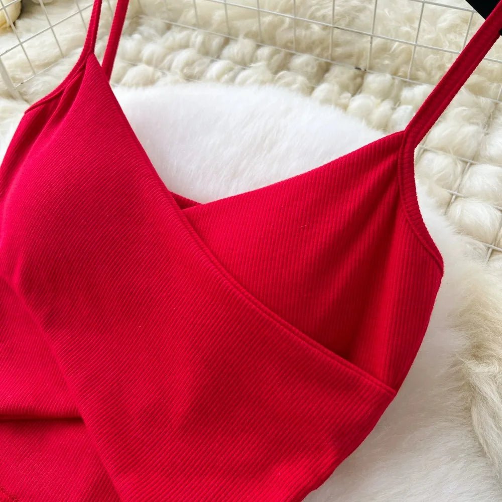 Elegant 2 Pieces Set for Women Solid V Neck Sleeveless Crop Top Camis Top With High Elastic Waist Split Long Skirt With Buttons - American Thistle Elegant 2 Pieces Set for Women Solid V Neck Sleeveless Crop Top Camis Top With High Elastic Waist Split Long Skirt With Buttons