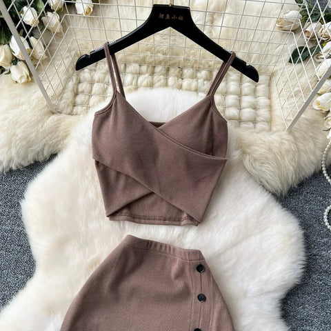 Elegant 2 Pieces Set for Women Solid V Neck Sleeveless Crop Top Camis Top With High Elastic Waist Split Long Skirt With Buttons - American Thistle Elegant 2 Pieces Set for Women Solid V Neck Sleeveless Crop Top Camis Top With High Elastic Waist Split Long Skirt With Buttons