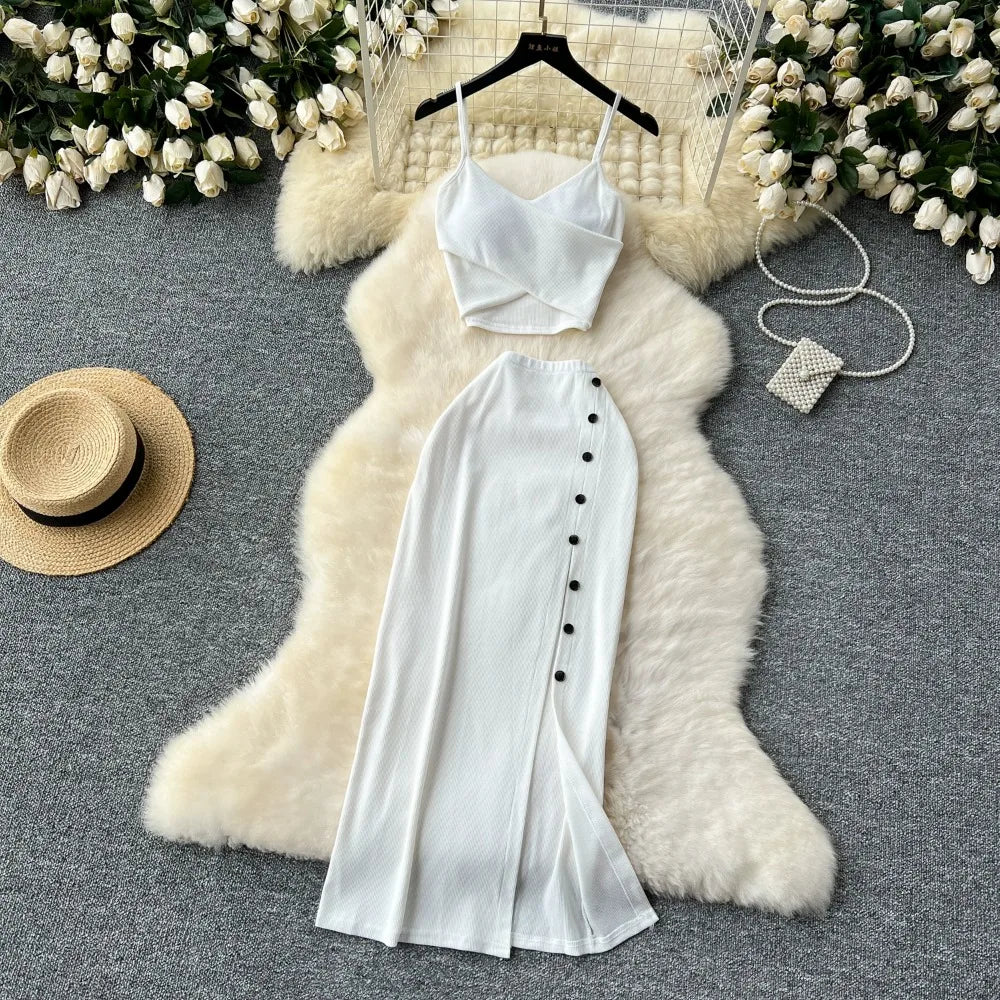 Elegant 2 Pieces Set for Women Solid V Neck Sleeveless Crop Top Camis Top With High Elastic Waist Split Long Skirt With Buttons - American Thistle Elegant 2 Pieces Set for Women Solid V Neck Sleeveless Crop Top Camis Top With High Elastic Waist Split Long Skirt With Buttons