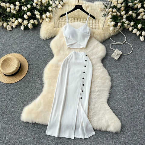 Elegant 2 Pieces Set for Women Solid V Neck Sleeveless Crop Top Camis Top With High Elastic Waist Split Long Skirt With Buttons - American Thistle Elegant 2 Pieces Set for Women Solid V Neck Sleeveless Crop Top Camis Top With High Elastic Waist Split Long Skirt With Buttons