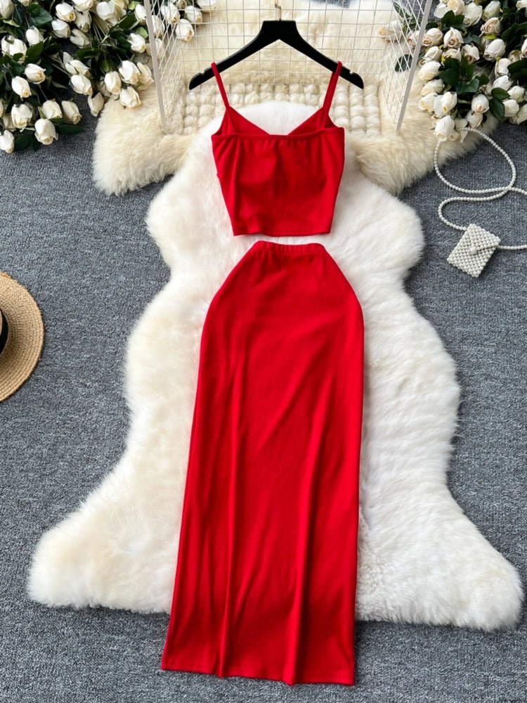 Elegant 2 Pieces Set for Women Solid V Neck Sleeveless Crop Top Camis Top With High Elastic Waist Split Long Skirt With Buttons - American Thistle Elegant 2 Pieces Set for Women Solid V Neck Sleeveless Crop Top Camis Top With High Elastic Waist Split Long Skirt With Buttons