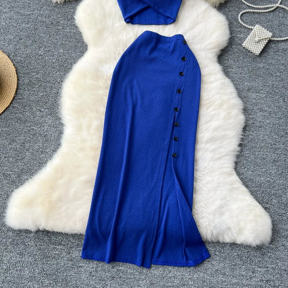 Elegant 2 Pieces Set for Women Solid V Neck Sleeveless Crop Top Camis Top With High Elastic Waist Split Long Skirt With Buttons - American Thistle Elegant 2 Pieces Set for Women Solid V Neck Sleeveless Crop Top Camis Top With High Elastic Waist Split Long Skirt With Buttons