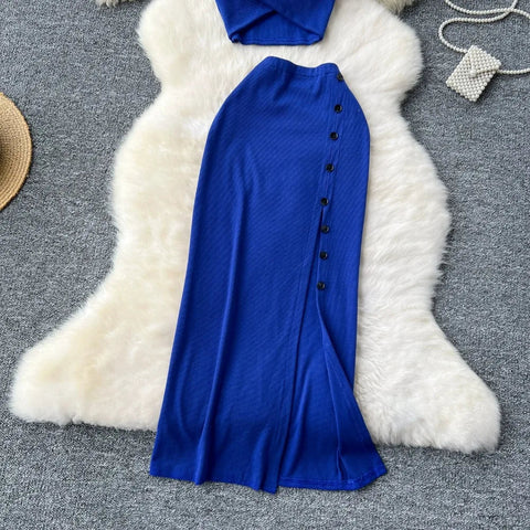 Elegant 2 Pieces Set for Women Solid V Neck Sleeveless Crop Top Camis Top With High Elastic Waist Split Long Skirt With Buttons - American Thistle Elegant 2 Pieces Set for Women Solid V Neck Sleeveless Crop Top Camis Top With High Elastic Waist Split Long Skirt With Buttons