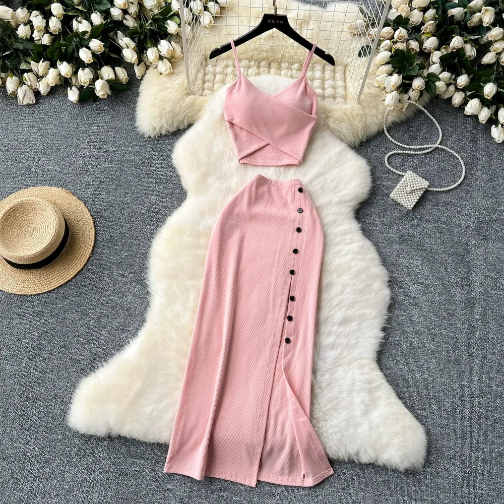 Elegant 2 Pieces Set for Women Solid V Neck Sleeveless Crop Top Camis Top With High Elastic Waist Split Long Skirt With Buttons - American Thistle Elegant 2 Pieces Set for Women Solid V Neck Sleeveless Crop Top Camis Top With High Elastic Waist Split Long Skirt With Buttons