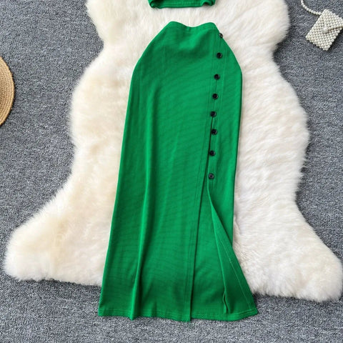 Elegant 2 Pieces Set for Women Solid V Neck Sleeveless Crop Top Camis Top With High Elastic Waist Split Long Skirt With Buttons - American Thistle Elegant 2 Pieces Set for Women Solid V Neck Sleeveless Crop Top Camis Top With High Elastic Waist Split Long Skirt With Buttons