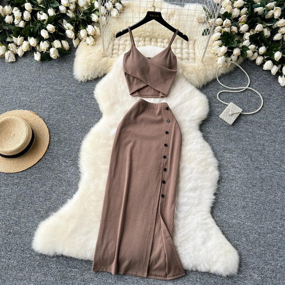 Elegant 2 Pieces Set for Women Solid V Neck Sleeveless Crop Top Camis Top With High Elastic Waist Split Long Skirt With Buttons - American Thistle Elegant 2 Pieces Set for Women Solid V Neck Sleeveless Crop Top Camis Top With High Elastic Waist Split Long Skirt With Buttons