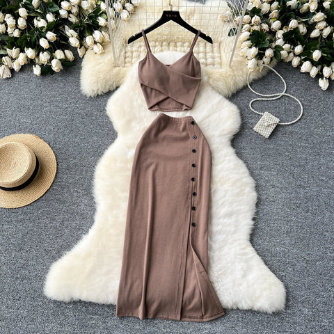 Elegant 2 Pieces Set for Women Solid V Neck Sleeveless Crop Top Camis Top With High Elastic Waist Split Long Skirt With Buttons - American Thistle Elegant 2 Pieces Set for Women Solid V Neck Sleeveless Crop Top Camis Top With High Elastic Waist Split Long Skirt With Buttons