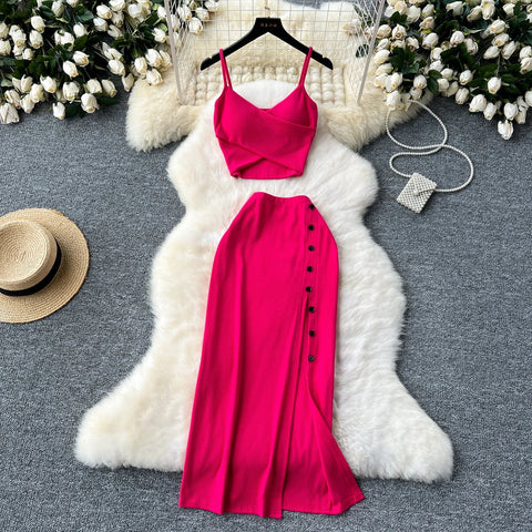 Elegant 2 Pieces Set for Women Solid V Neck Sleeveless Crop Top Camis Top With High Elastic Waist Split Long Skirt With Buttons - American Thistle Elegant 2 Pieces Set for Women Solid V Neck Sleeveless Crop Top Camis Top With High Elastic Waist Split Long Skirt With Buttons