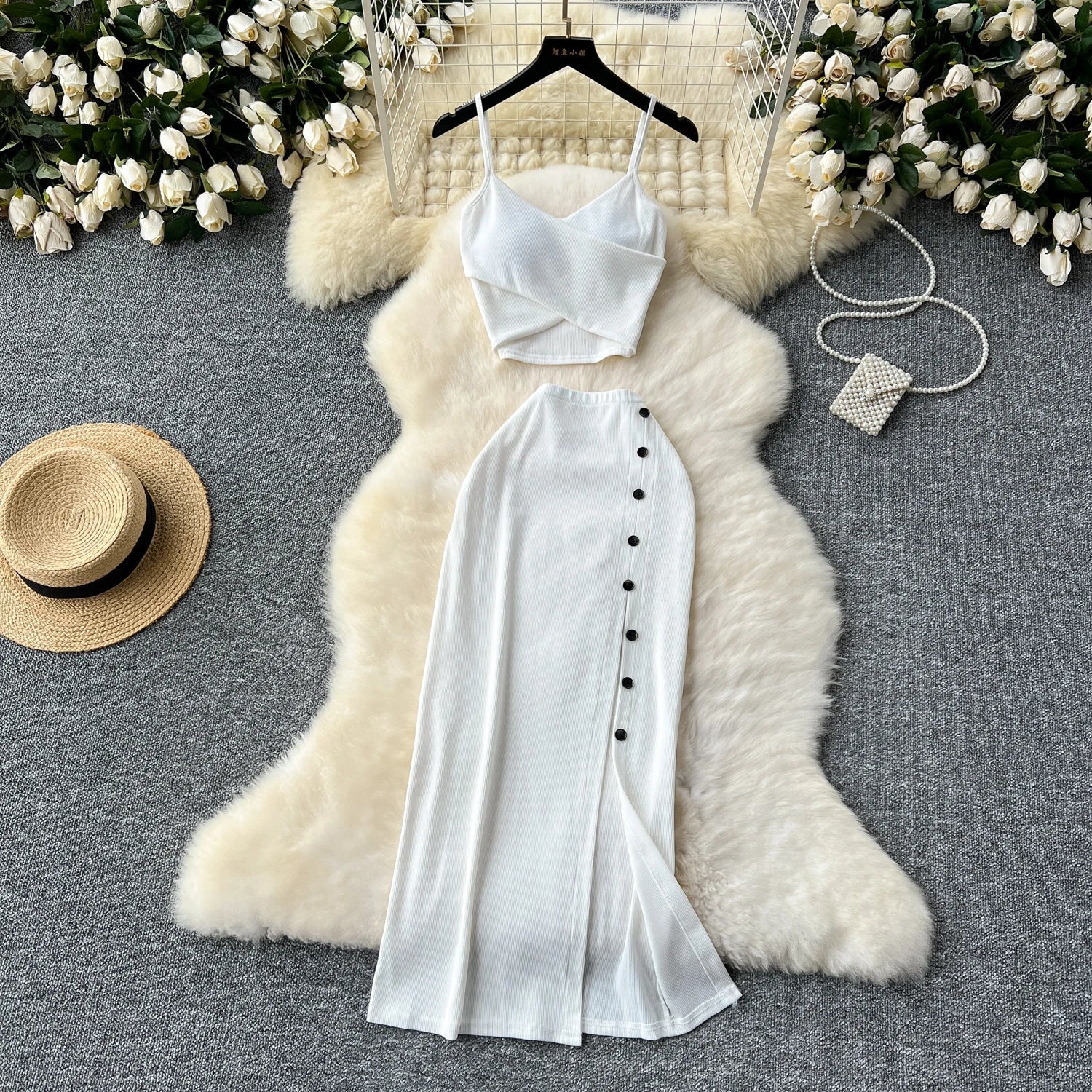 Elegant 2 Pieces Set for Women Solid V Neck Sleeveless Crop Top Camis Top With High Elastic Waist Split Long Skirt With Buttons - American Thistle Elegant 2 Pieces Set for Women Solid V Neck Sleeveless Crop Top Camis Top With High Elastic Waist Split Long Skirt With Buttons