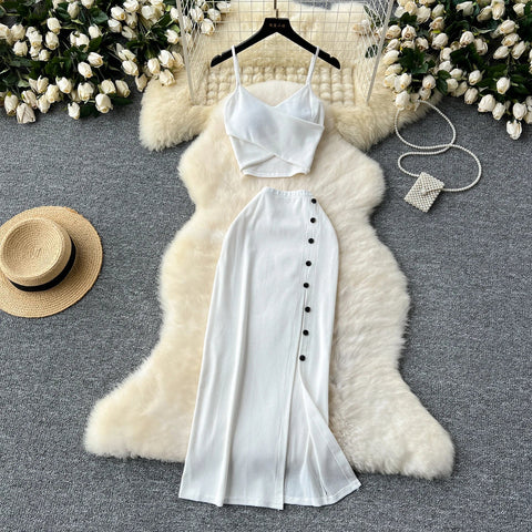 Elegant 2 Pieces Set for Women Solid V Neck Sleeveless Crop Top Camis Top With High Elastic Waist Split Long Skirt With Buttons - American Thistle Elegant 2 Pieces Set for Women Solid V Neck Sleeveless Crop Top Camis Top With High Elastic Waist Split Long Skirt With Buttons