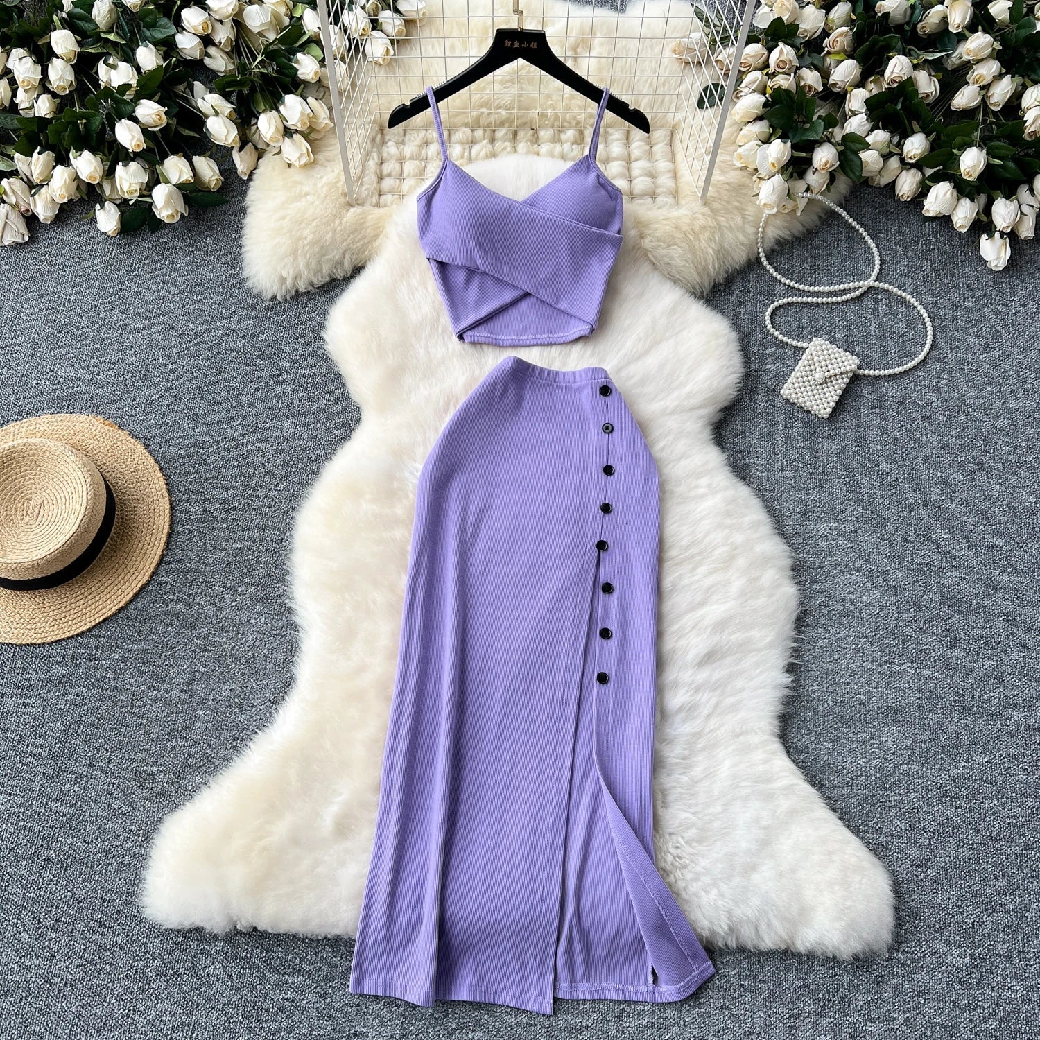 Elegant 2 Pieces Set for Women Solid V Neck Sleeveless Crop Top Camis Top With High Elastic Waist Split Long Skirt With Buttons - American Thistle Elegant 2 Pieces Set for Women Solid V Neck Sleeveless Crop Top Camis Top With High Elastic Waist Split Long Skirt With Buttons