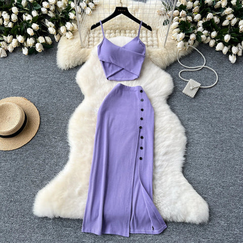 Elegant 2 Pieces Set for Women Solid V Neck Sleeveless Crop Top Camis Top With High Elastic Waist Split Long Skirt With Buttons - American Thistle Elegant 2 Pieces Set for Women Solid V Neck Sleeveless Crop Top Camis Top With High Elastic Waist Split Long Skirt With Buttons