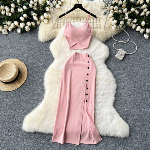 Elegant 2 Pieces Set for Women Solid V Neck Sleeveless Crop Top Camis Top With High Elastic Waist Split Long Skirt With Buttons - American Thistle Elegant 2 Pieces Set for Women Solid V Neck Sleeveless Crop Top Camis Top With High Elastic Waist Split Long Skirt With Buttons