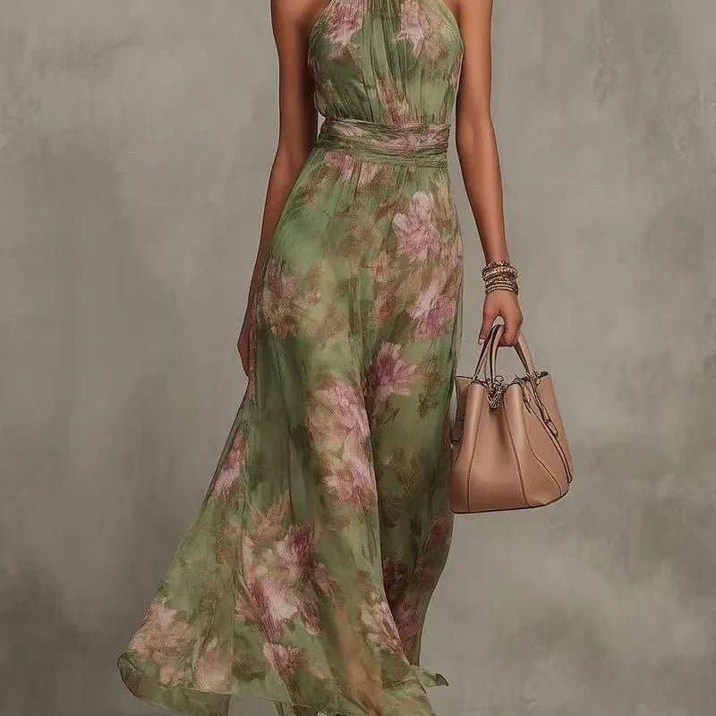 Elegant Floral Print Halter Off Shoulder Party Dresses Woman Spring Chiffon Long Dress Boho Sleeveless - American ThistleElegant Floral Print Halter Off Shoulder Party Dresses Woman Spring Chiffon Long Dress Boho Sleeveless