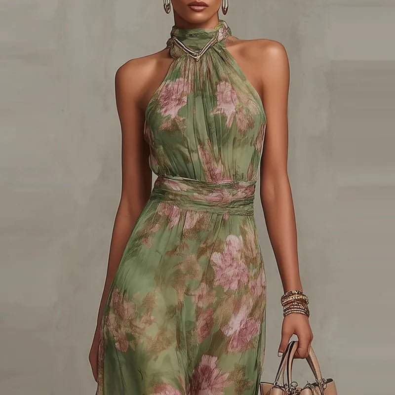 Elegant Floral Print Halter Off Shoulder Party Dresses Woman Spring Chiffon Long Dress Boho Sleeveless - American ThistleElegant Floral Print Halter Off Shoulder Party Dresses Woman Spring Chiffon Long Dress Boho Sleeveless