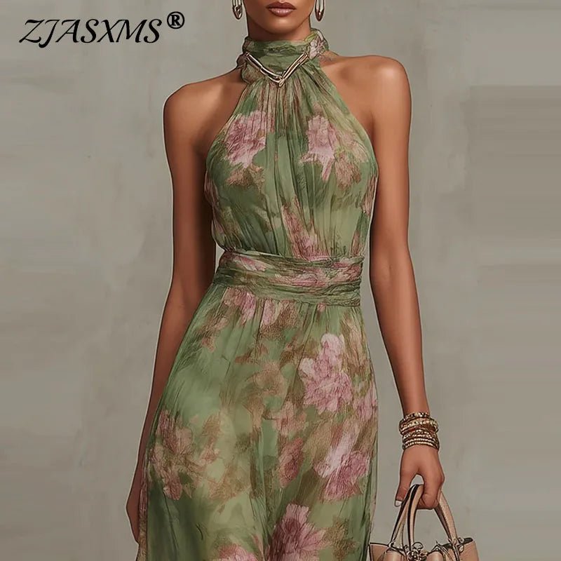 Elegant Floral Print Halter Off Shoulder Party Dresses Woman Spring Chiffon Long Dress Boho Sleeveless - American ThistleElegant Floral Print Halter Off Shoulder Party Dresses Woman Spring Chiffon Long Dress Boho Sleeveless