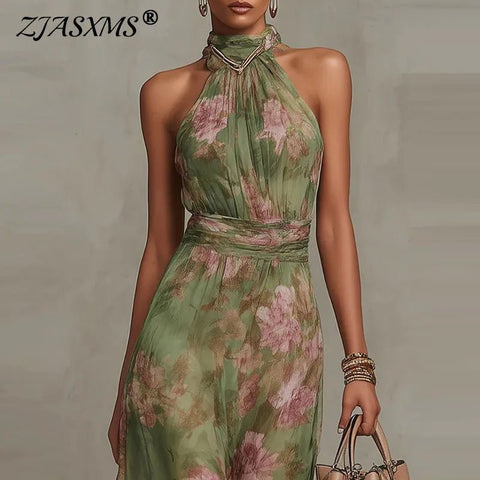 Elegant Floral Print Halter Off Shoulder Party Dresses Woman Spring Chiffon Long Dress Boho Sleeveless - American ThistleElegant Floral Print Halter Off Shoulder Party Dresses Woman Spring Chiffon Long Dress Boho Sleeveless
