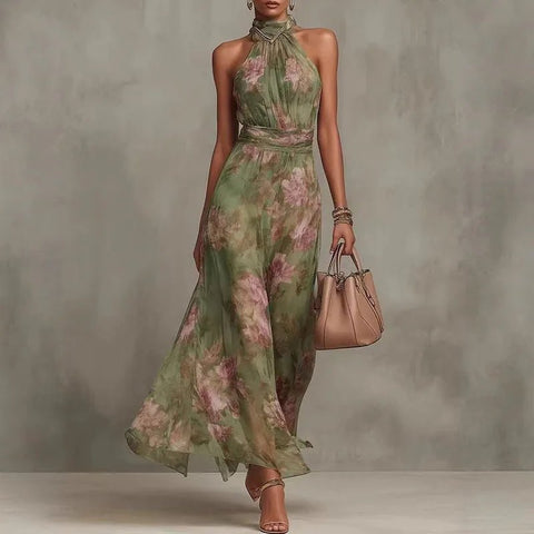 Elegant Floral Print Halter Off Shoulder Party Dresses Woman Spring Chiffon Long Dress Boho Sleeveless - American ThistleElegant Floral Print Halter Off Shoulder Party Dresses Woman Spring Chiffon Long Dress Boho Sleeveless