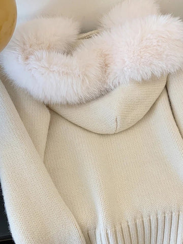 Elegant Hooded Zipper Sweater Faux Fur Collar Knit Cardigan Jacket - American Thistle Elegant Hooded Zipper Sweater Faux Fur Collar Knit Cardigan Jacket