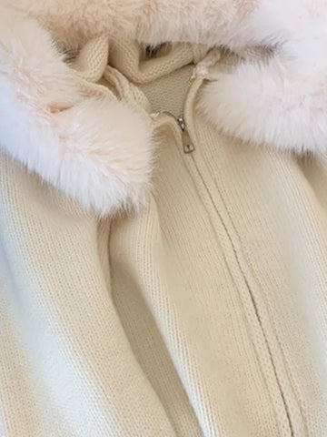 Elegant Hooded Zipper Sweater Faux Fur Collar Knit Cardigan Jacket - American Thistle Elegant Hooded Zipper Sweater Faux Fur Collar Knit Cardigan Jacket