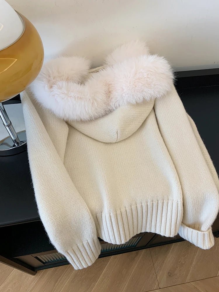 Elegant Hooded Zipper Sweater Faux Fur Collar Knit Cardigan Jacket - American Thistle Elegant Hooded Zipper Sweater Faux Fur Collar Knit Cardigan Jacket