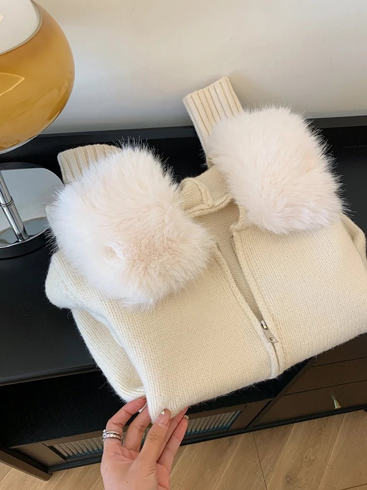 Elegant Hooded Zipper Sweater Faux Fur Collar Knit Cardigan Jacket - American Thistle Elegant Hooded Zipper Sweater Faux Fur Collar Knit Cardigan Jacket