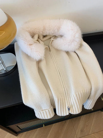 Elegant Hooded Zipper Sweater Faux Fur Collar Knit Cardigan Jacket - American Thistle Elegant Hooded Zipper Sweater Faux Fur Collar Knit Cardigan Jacket