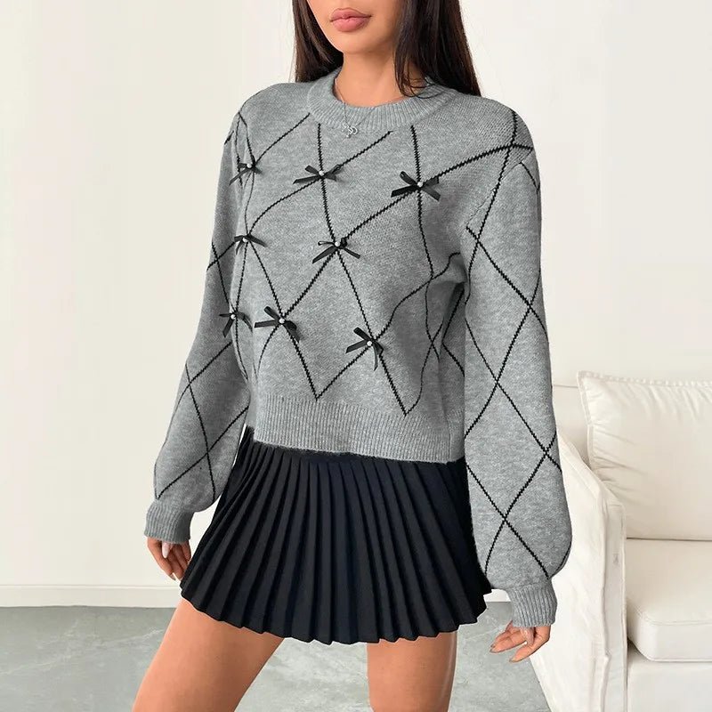 Elegant knitted round neck bow decoration long sleeved pullover sweater - American Thistle Elegant knitted round neck bow decoration long sleeved pullover sweater