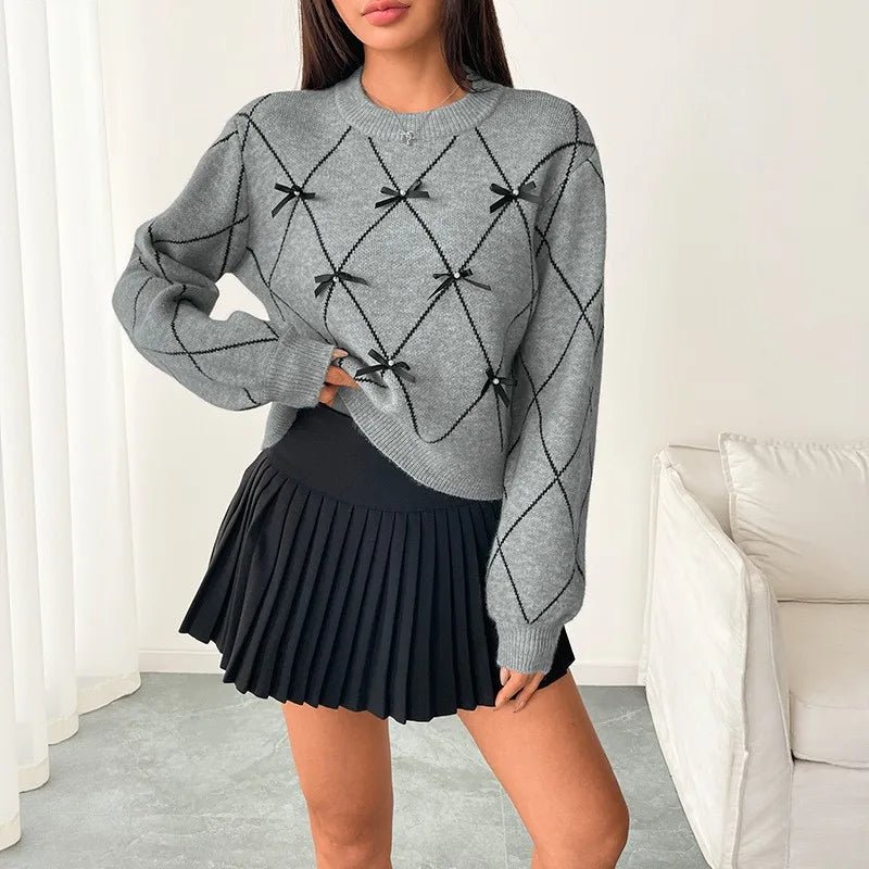 Elegant knitted round neck bow decoration long sleeved pullover sweater - American Thistle Elegant knitted round neck bow decoration long sleeved pullover sweater