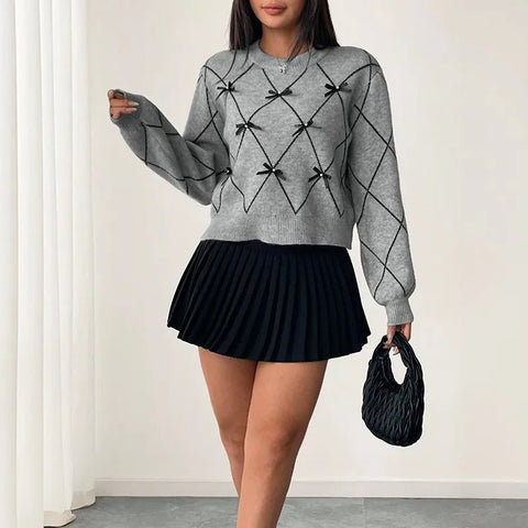 Elegant knitted round neck bow decoration long sleeved pullover sweater - American Thistle Elegant knitted round neck bow decoration long sleeved pullover sweater