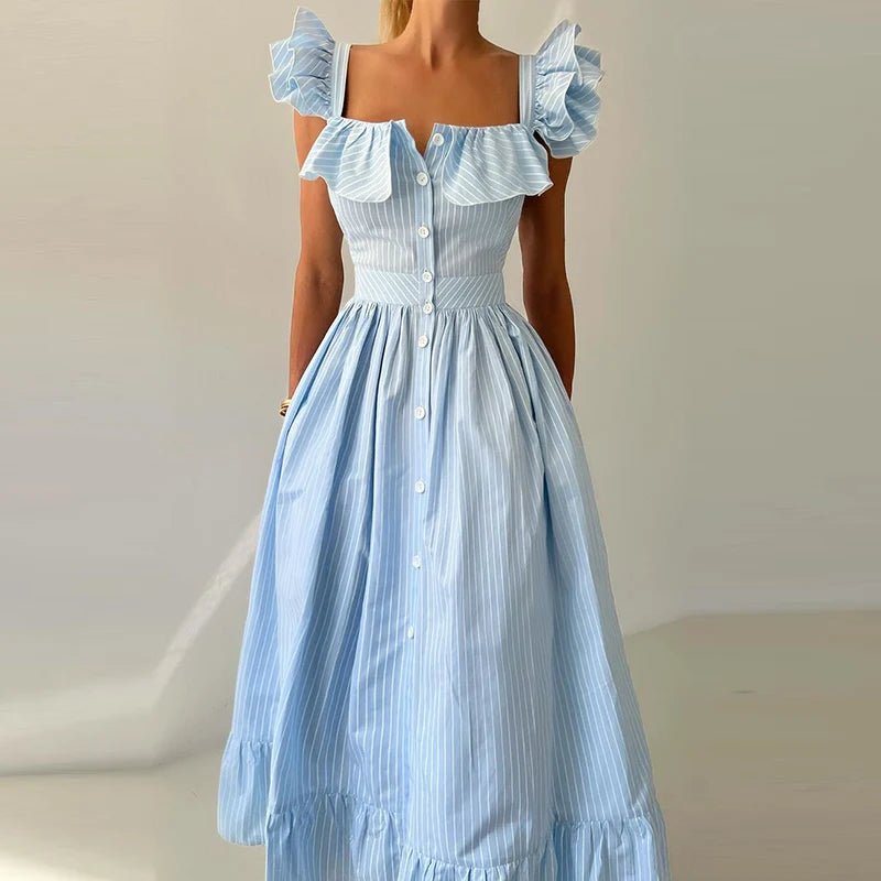 Elegant Long Dress Square - Neck With Ruffle Sleeves - American Thistle Elegant Long Dress Square - Neck With Ruffle Sleeves