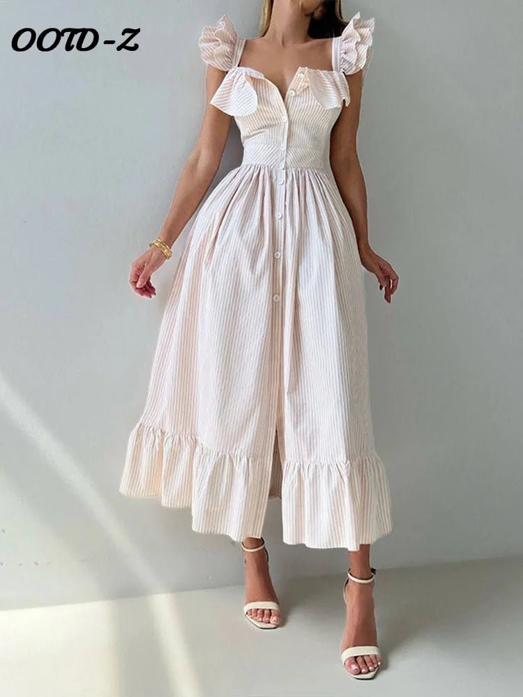 Elegant Long Dress Square - Neck With Ruffle Sleeves - American Thistle Elegant Long Dress Square - Neck With Ruffle Sleeves
