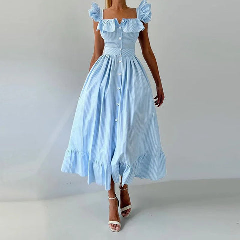 Elegant Long Dress Square - Neck With Ruffle Sleeves - American Thistle Elegant Long Dress Square - Neck With Ruffle Sleeves