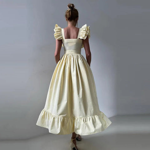 Elegant Long Dress Square - Neck With Ruffle Sleeves - American Thistle Elegant Long Dress Square - Neck With Ruffle Sleeves