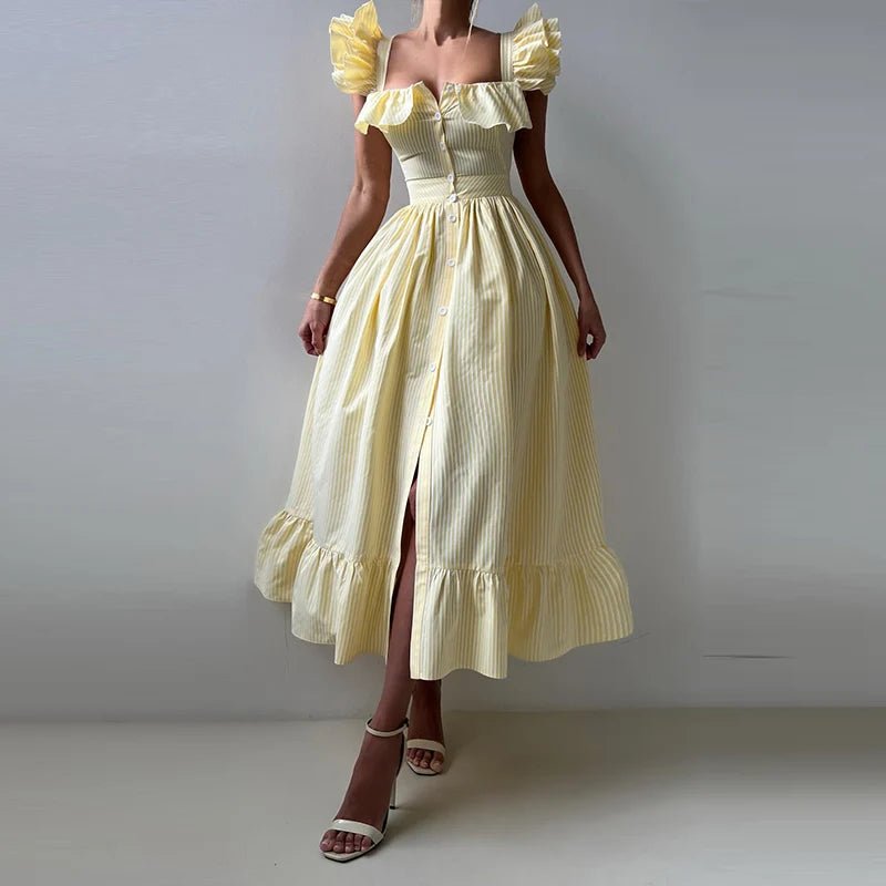 Elegant Long Dress Square - Neck With Ruffle Sleeves - American Thistle Elegant Long Dress Square - Neck With Ruffle Sleeves