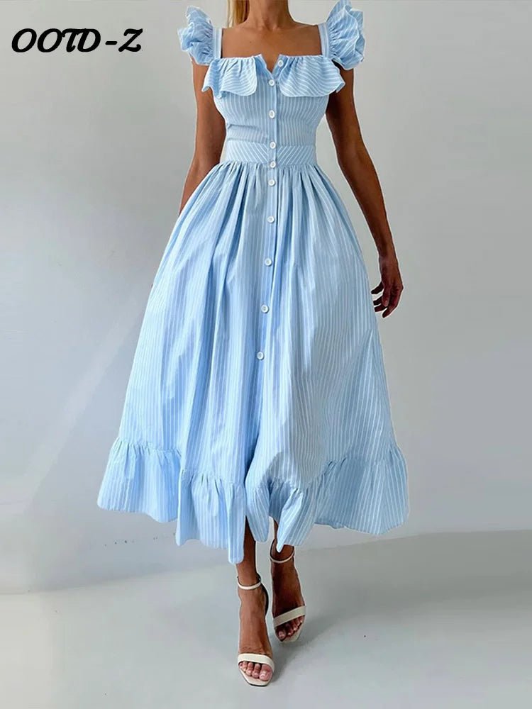 Elegant Long Dress Square - Neck With Ruffle Sleeves - American Thistle Elegant Long Dress Square - Neck With Ruffle Sleeves