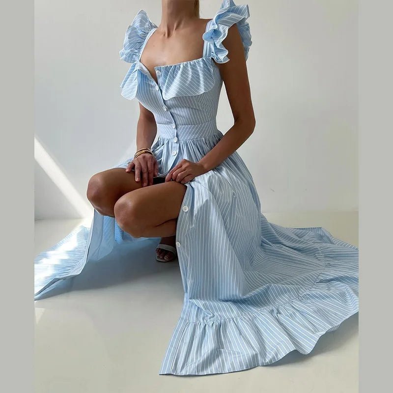 Elegant Long Dress Square - Neck With Ruffle Sleeves - American Thistle Elegant Long Dress Square - Neck With Ruffle Sleeves