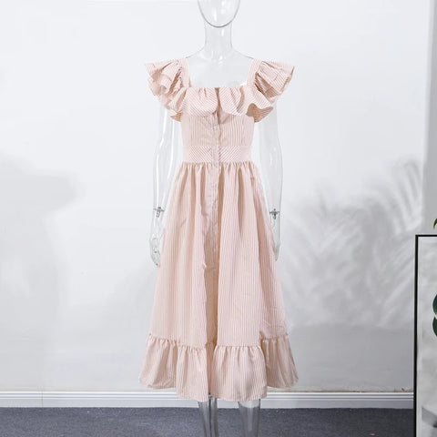 Elegant Long Dress Square - Neck With Ruffle Sleeves - American Thistle Elegant Long Dress Square - Neck With Ruffle Sleeves