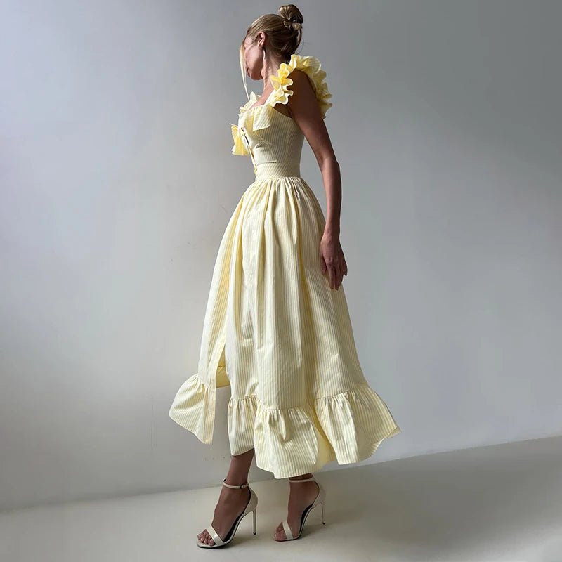 Elegant Long Dress Square - Neck With Ruffle Sleeves - American Thistle Elegant Long Dress Square - Neck With Ruffle Sleeves