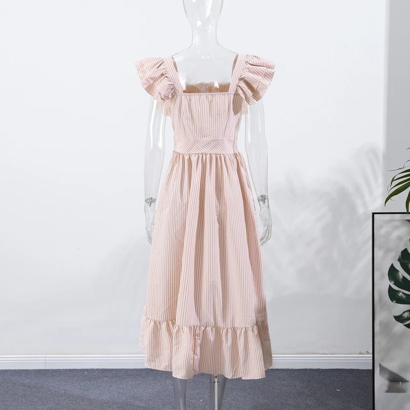 Elegant Long Dress Square - Neck With Ruffle Sleeves - American Thistle Elegant Long Dress Square - Neck With Ruffle Sleeves